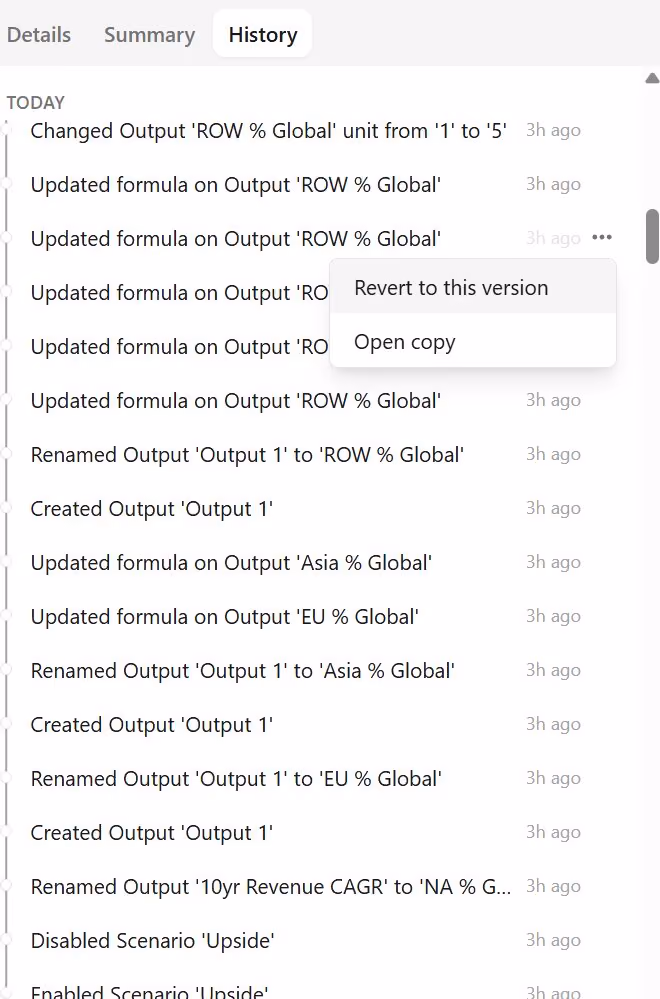 Screenshot of change history